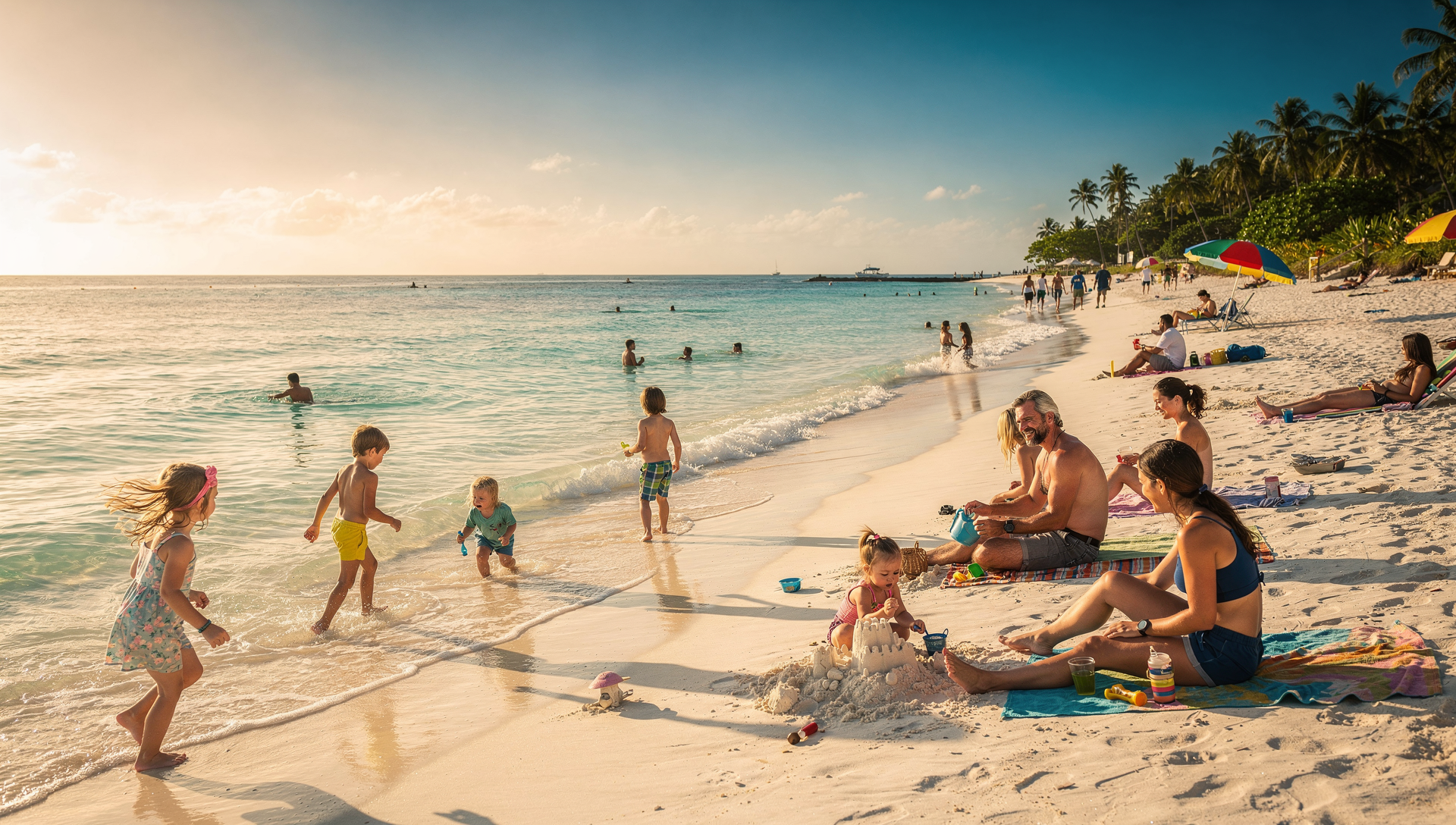 A bright beach scene with families playing near calm shoreline waters and soft white sand under clear skies