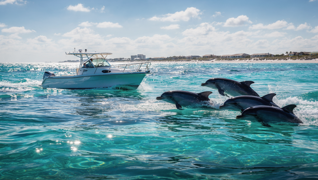 Dolphins swimming near a boat in Panama City Beach Florida