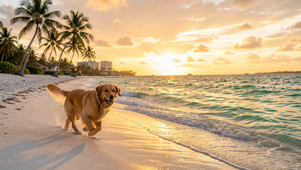 dog running along a Panama City beach at sunset