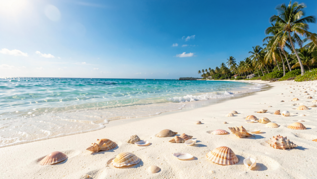seashells on white sand beach at Shell Island Panama City